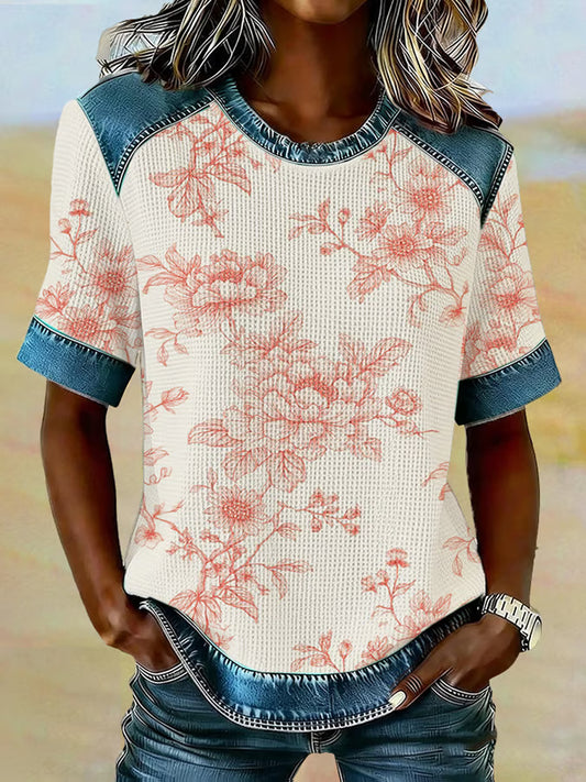 Women's Western Vintage Art Print Classic Waffle  Short Sleeved T-Shirt