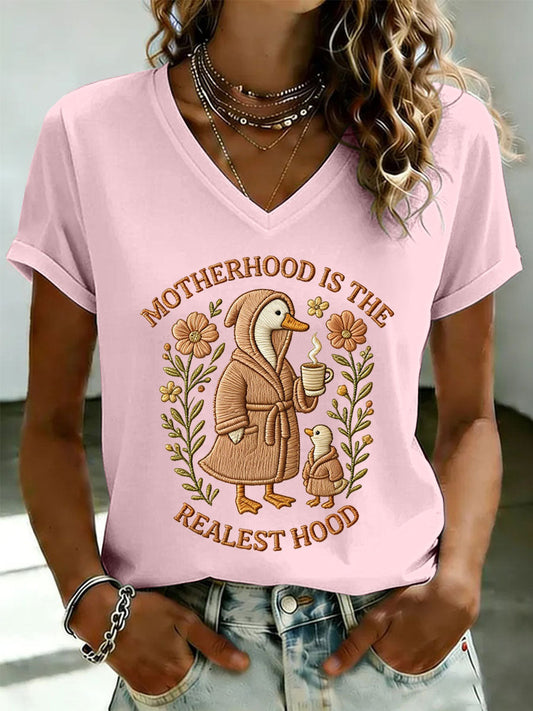 Women's 'Motherhood is the Realest Hood' Printed Casual T-Shirt