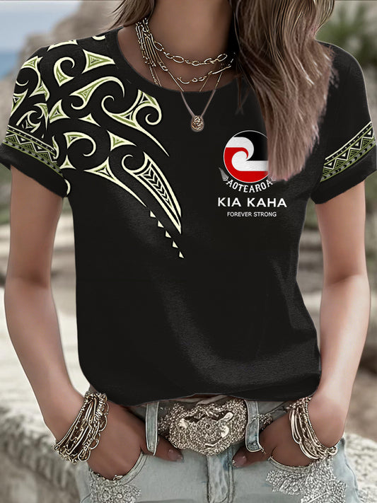 Women's NZ Maori Art Kia Kaha Printed T-shirt