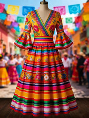 Women's Mexican Ethnic Floral Print Flared-Sleeve Dress