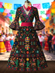 Women's Mexican Ethnic Floral Print Flared-Sleeve Dress