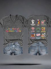 Women's Big Fan of Human Rights Embroidery Pattern V-Neck T-Shirt