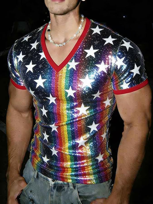 Men's Pride Month Rainbow Art V-Neck Short Sleeve T-shirt