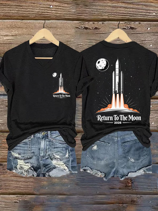 Women's Return To The Moon 2026 Casual V-Neck Tee