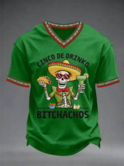 Men's Funny Cinco De Drinko Bitchachos Skeleton Print Casual V-Neck Tee