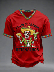 Men's Funny Cinco De Drinko Bitchachos Skeleton Print Casual V-Neck Tee