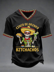 Men's Funny Cinco De Drinko Bitchachos Skeleton Print Casual V-Neck Tee