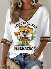 Women's Funny Cinco De Drinko Bitchachos Skeleton Print Casual Waffle Top