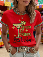 Women's Funny Cinco De Drinko Bitchachos Skeleton Print Casual Tee