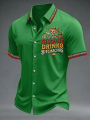 Men's Funny Cinco De Drinko Bitchachos Skeleton Print Casual Short Sleeve Shirt