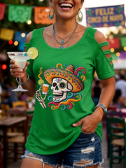 Women's Mexican Cinco de Mayo Printed round neck off-shoulder T-shirt