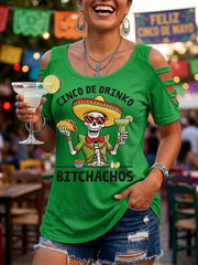 Women's Funny Cinco De Drinko Bitchachos Skeleton Print Casual Top