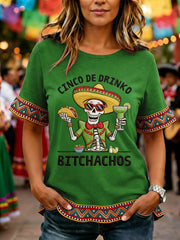 Women's Funny Cinco De Drinko Bitchachos Skeleton Print Casual Ruffle Sleeve Tee