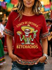 Women's Funny Cinco De Drinko Bitchachos Skeleton Print Casual Ruffle Sleeve Tee