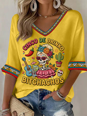 Women's Funny Cinco De Drinko Bitchachos Skeleton Print Casual Waffle Top