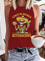 Women's Funny Cinco De Drinko Bitchachos Skeleton Print Casual Vest