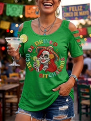 Women's Funny Cinco De Drinko Bitchachos Skeleton Print Casual Tee