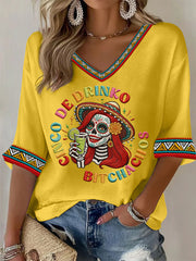 Women's Funny Cinco De Drinko Bitchachos Skeleton Print Casual Waffle Top