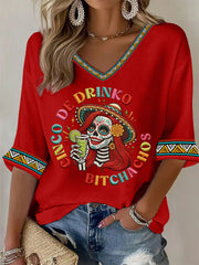 Women's Funny Cinco De Drinko Bitchachos Skeleton Print Casual Waffle Top