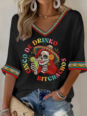 Women's Funny Cinco De Drinko Bitchachos Skeleton Print Casual Waffle Top