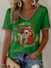 Women's Funny Cinco De Drinko Bitchachos Skeleton Print Casual V-Neck Tee