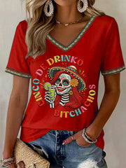 Women's Funny Cinco De Drinko Bitchachos Skeleton Print Casual V-Neck Tee
