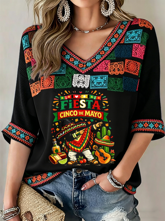 Women's Cinco de Mayo Mid-length Sleeves V-Neck T-Shirt