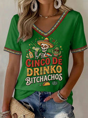 Women's Funny Cinco De Drinko Bitchachos Skull Print V-Neck Tee