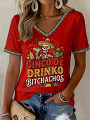 Women's Funny Cinco De Drinko Bitchachos Skull Print V-Neck Tee