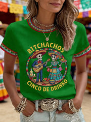 Women's Funny Cinco De Drinko Bitchachos Skeleton Print Casual Tee