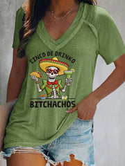 Women's Funny Cinco De Drinko Bitchachos Skull Print V-Neck Tee