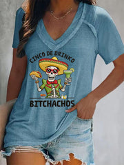 Women's Funny Cinco De Drinko Bitchachos Skull Print V-Neck Tee