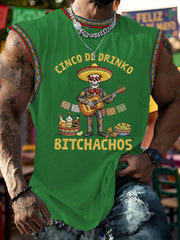 Men's Funny Cinco De Drinko Bitchachos Skeleton Print Casual Tank Top