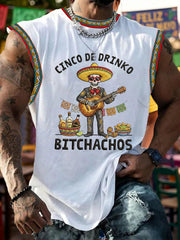Men's Funny Cinco De Drinko Bitchachos Skeleton Print Casual Tank Top