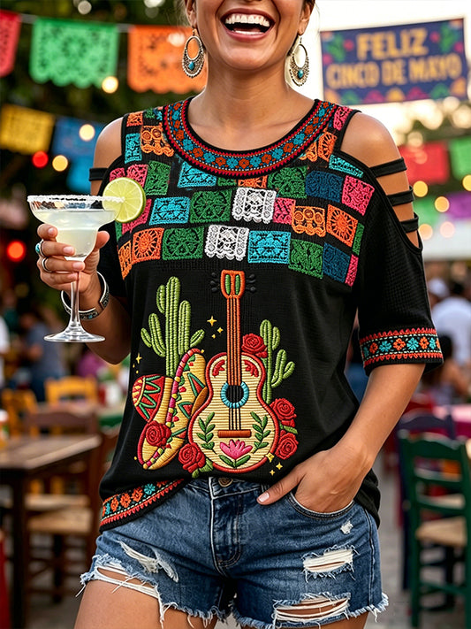 Women's Cinco De Mayo Art Printed Off-shoulder T-shirt