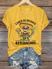 Women's Funny Cinco De Drinko Bitchachos Skull Print V-Neck Tee