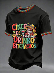 Men's Funny Cinco De Drinko Bitchachos Skeleton Print Casual Short-Sleeve T-shirt
