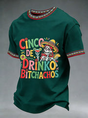 Men's Funny Cinco De Drinko Bitchachos Skeleton Print Casual Short-Sleeve T-shirt