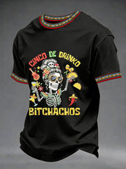 Men's Funny Cinco De Drinko Bitchachos Skeleton Print Casual Short-Sleeve T-shirt