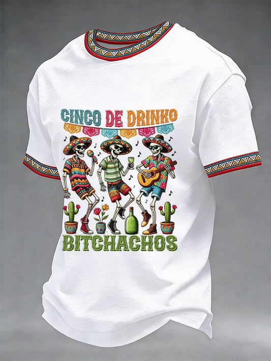 Men's Funny Cinco De Drinko Bitchachos Skeleton Print Casual Short-Sleeve T-shirt