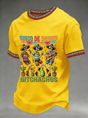 Men's Funny Cinco De Drinko Bitchachos Skeleton Print Casual Short-Sleeve T-shirt