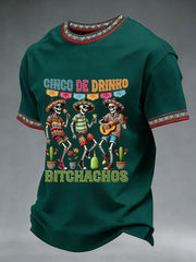 Men's Funny Cinco De Drinko Bitchachos Skeleton Print Casual Short-Sleeve T-shirt