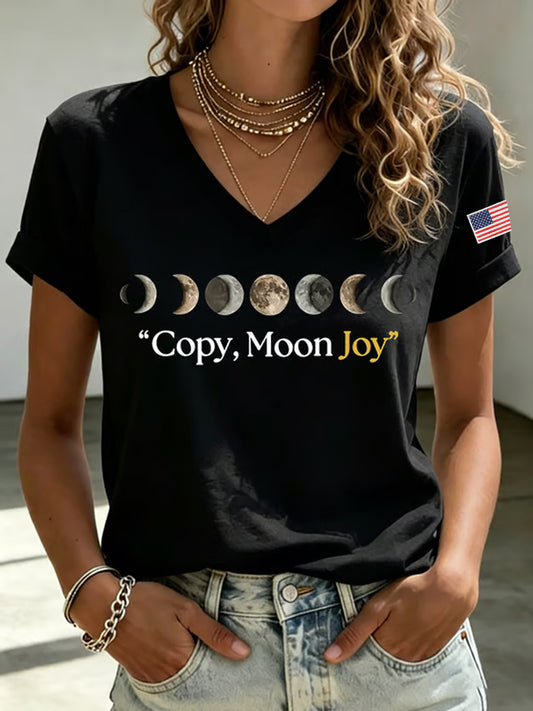 Women's Copy Moon Joy Print V-Neck Short Sleeve T-shirt
