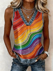 Women's Pride Month Pattern Denim Patchwork Top