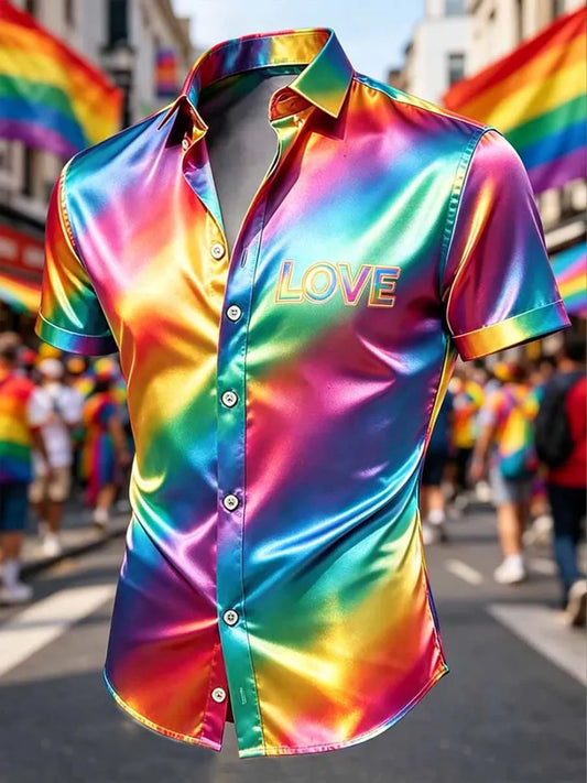 Men's LGBT Pride Month Rainbow Art  Short Sleeve Satin Shirt