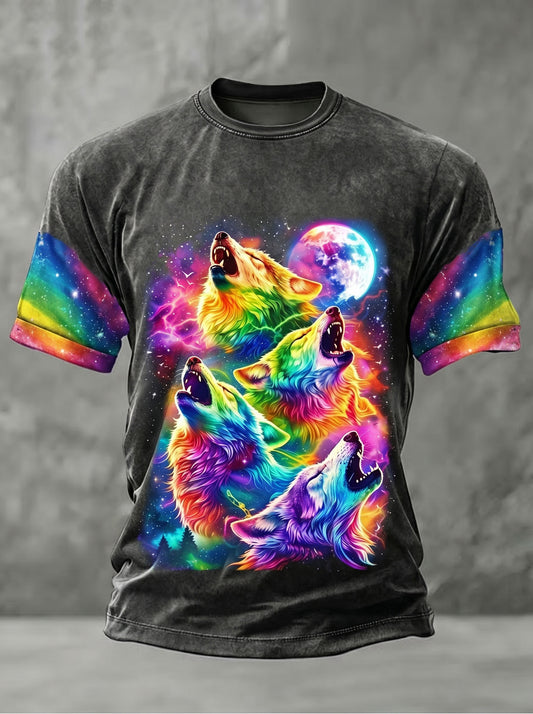 Men's Rainbow Wolf Art Print Casual T-Shirt