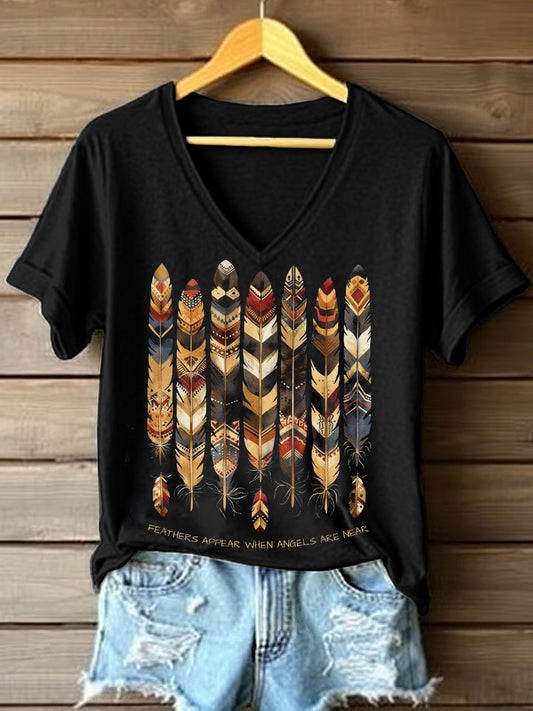 Women's Feathers Appear When Angels Are Near Print V-Neck T-Shirt