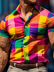 Men's LGBTQ Pride Month Rainbow Plaid Print Casual Short Sleeve Shirt