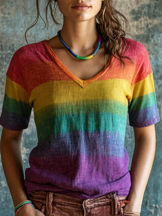 Women's LGBTQ Pride Month Rainbow Print Casual V-Neck Top