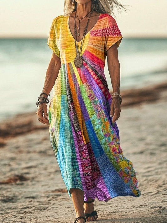 Women's Rainbow Art Printed V-neck Dress